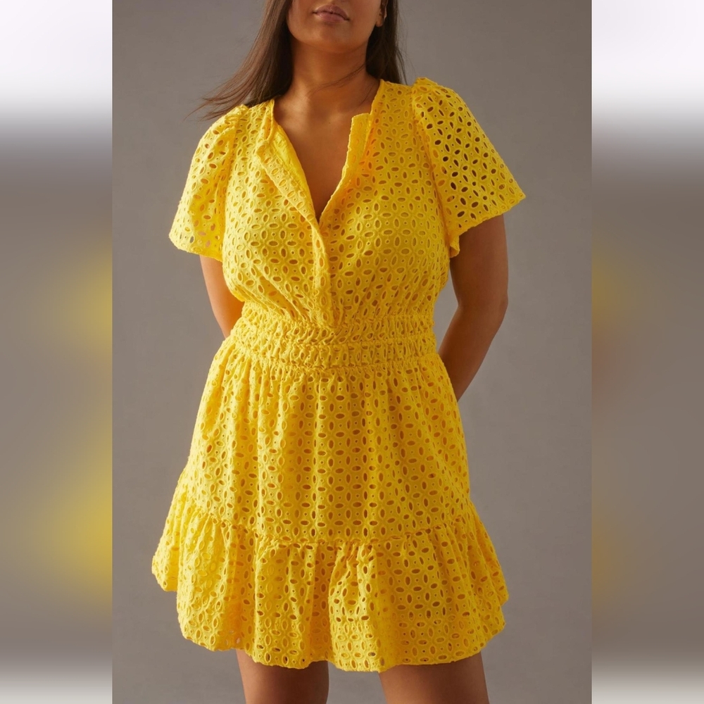 Anthropologie Somerset Yellow Eyelet Mini Dress, Bright Cotton Summer Size 2X
